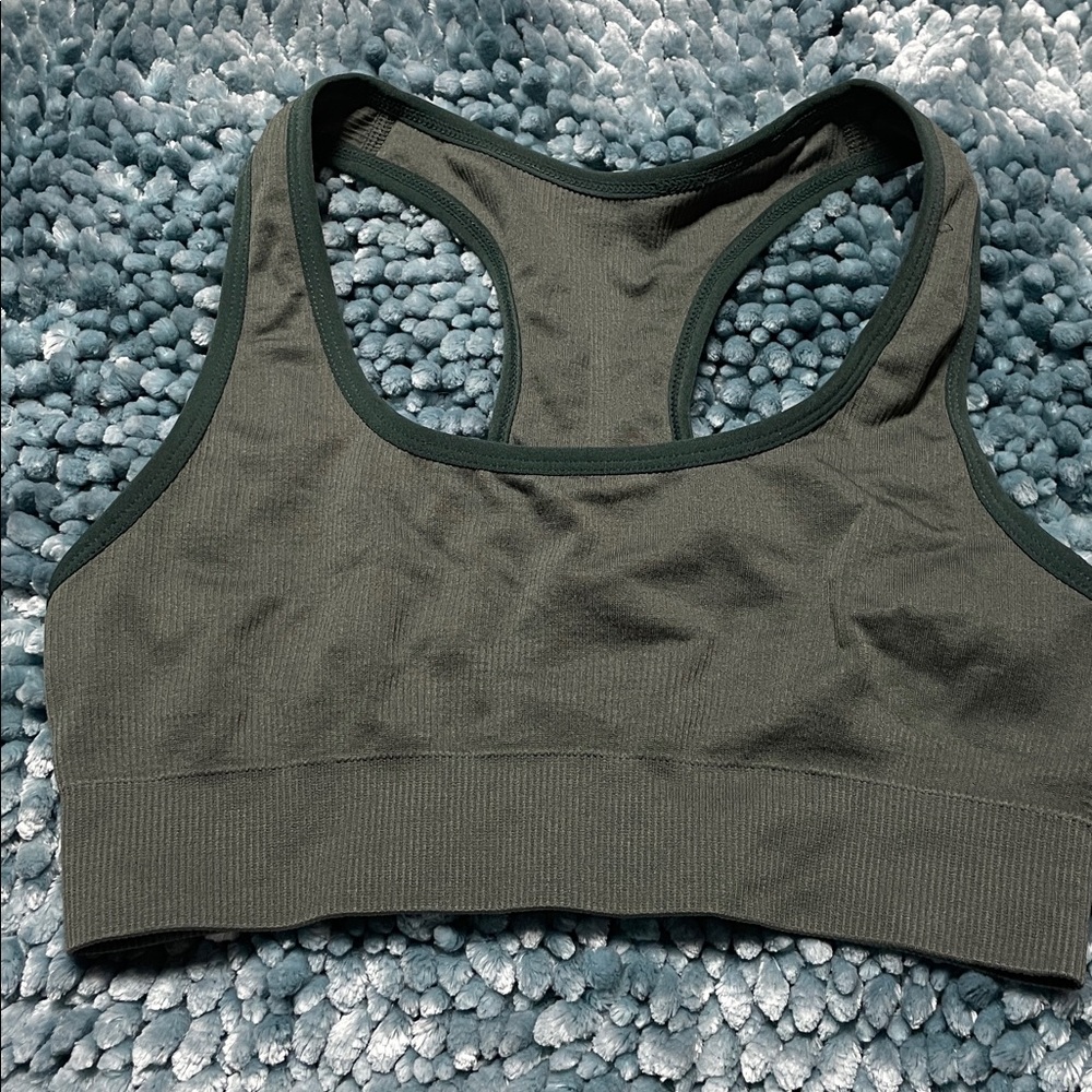 Zella size Small Olive Color Razor Back Ribbed Sports Bra - Picture 3 of 5
